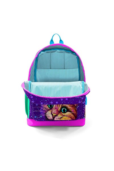 Coral High Kids Purple Pink Cat Patterned Four Compartment USB School Backpack 23832