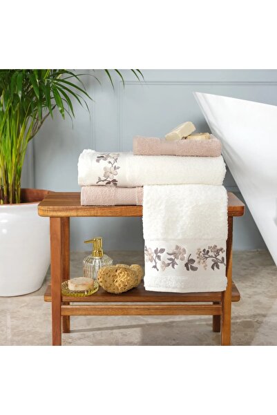 Karaca Home Kırmızı Bej Nakışlı %100 Pamuk Banyo/yüz Havlusu Hamam Seti