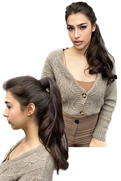 TAKIŞTIR Kahverengi Renk Dalgalı Gerçek Saç Dokusunda At Kuyruğu Postiş Tokalı Saç Eklentisi