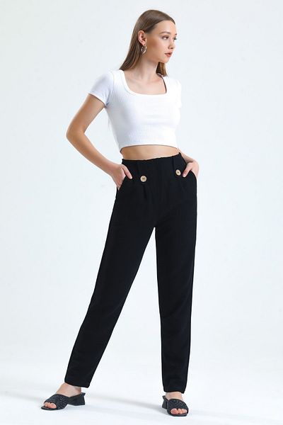 MD trend Women's Black High Waist Front Zipper Closure Elastic Waist Linen Trousers