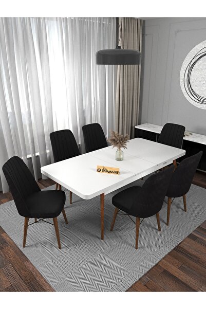 Kaffahome Riff Serisi , 80x130 Kapalı 80x170 Açık Beyaz Yemek Masası 6 Siyah ...