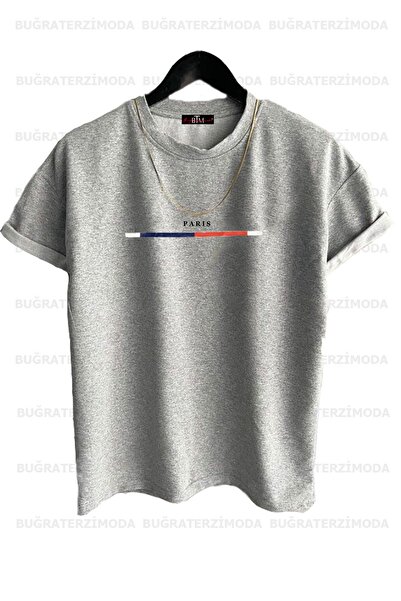 Buğraterzimoda Unisex Λεπτό ριγέ Παρίσι με στάμπα Loose Fit (μαύρο-άσπρο-γκρι) Μπλουζάκι Oversize 3 τεμαχίων