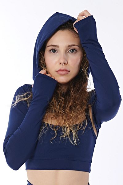 YEXECH Γυναικεία μακρυμάνικη κουκούλα Navy Blue Sports Crop Bady Rise Series Cover Crop Hoodie