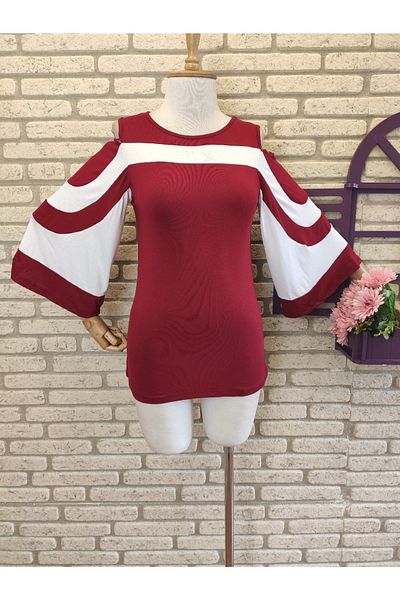 rengamoda Bluză de damă bordei, cu mânecă liliac, detaliu pe umeri, Janes, din țesătură de viscoză, 62 cm