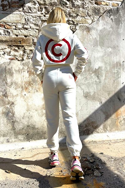 C&C OKULCUNUZ Kadın Wrst Baskılı Fermuarlı Bej Bordo Eşofman Takımı