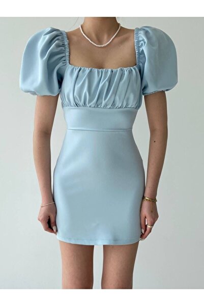 HASYAMORE Kadın Mini Sırt Dekolteli Atlas Özel Tasarım Elbise