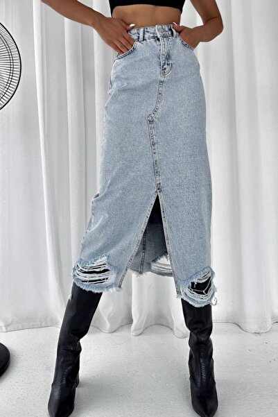 fehika Жіноча синя спідниця з розрізом, з бахромою, з довгим розрізом, з олівцевою крійкою