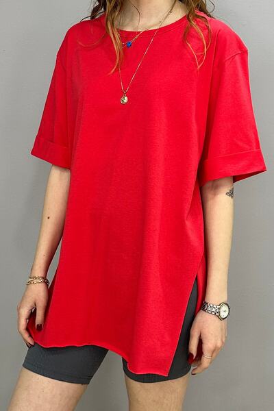 Tam Moda Κόκκινο γυναικείο μπλουζάκι - Πλαϊνό σκίσιμο