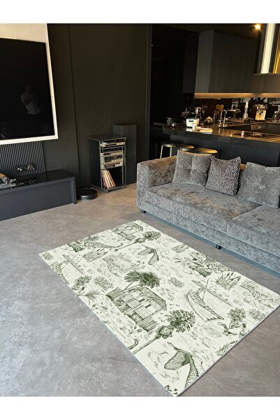 Rugs Modern Halı Green Beige Hand Drawing Vintage Theme Digital Printing Deco...