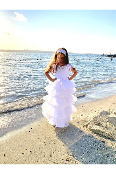 Bebeu Kız Çocuk Askılı %100 Organik Müslin Katlı Tütülü Tasarım Abiye