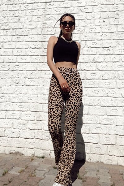 KaSheHa Leopar Desen Krep Kumaş Likralı Yüksek Bel Ispanyol Paça Pantolon 100 Cm