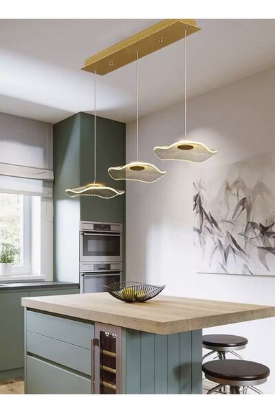 Fico Home Luxury Exclusive Üçlü Sıralı Sarkıt Led Avize Jellyfish Gold Sarı L...