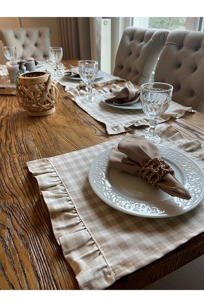 Decamor home Αδιάβροχο Μπεζ Gingham Ruffle American Service Σετ 4 τεμαχίων
