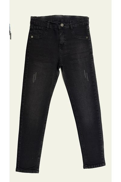 minny max Denim Fabric Frayed Black Jeans with Adjustable Elastic Waist