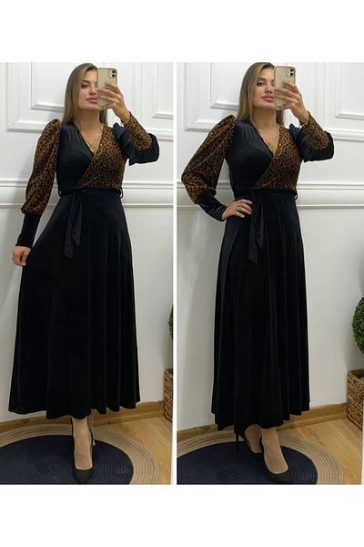 rengamoda Rochie de mireasă de absolvire maxi cu centură, din țesătură de catifea importată, leopard, leopard