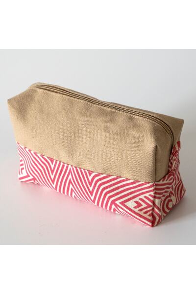wolo Pink Geometric Striped 100% Cotton Makeup Bag