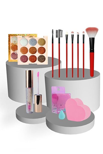 MUJGAN 4'lü Kozmetik Makyaj Seti 9'lu Sarı Glitter Far Poşetli 7'li Kırmızı R...