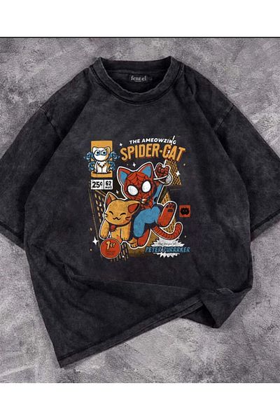 Touz Unisex Oversize Vintage T-shirt - Πλενόμενη Spider-Cat Print