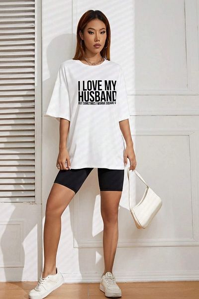 AMMA Μπλουζάκι Unisex Oversize I Love My Husband με στάμπα από βαμβακερό λαιμόκοψη με κοντό μανίκι