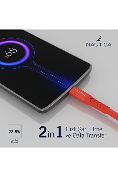 Nautica C20 Type-c To Usb-a 22.5w Hızlı Şarj Ve Data Kablosu 2.1m Kırmızı