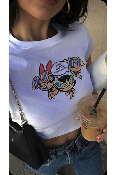 Touz Powerpuff Girls'super Cute' Printed Eylm White Crop Top