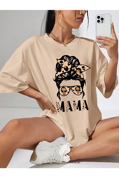 ALİKA Μπλουζάκι Unisex Leopard Mama με στάμπα μπεζ Oversize Crew Neck