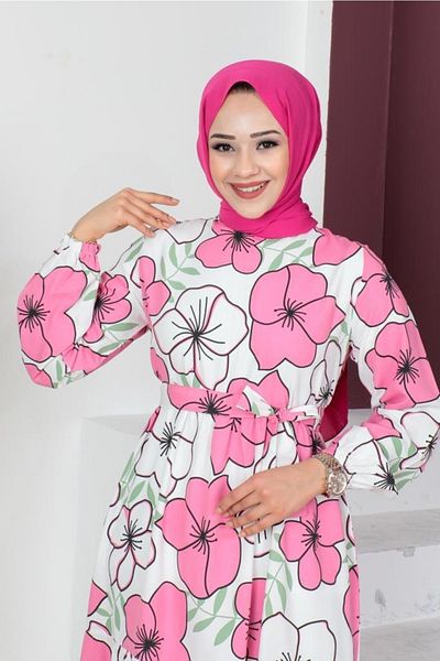 benguen 448 Big Flower Patterned Hijab Dress Pink