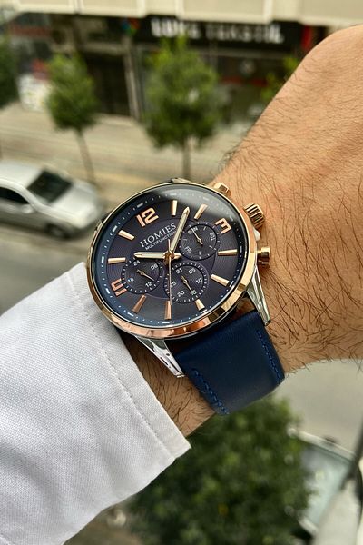 Homies Silver Rose Gold Case Navy Blue Leather Handsome Men's Wristwatch with 3atm Waterproof Bracelet Gift