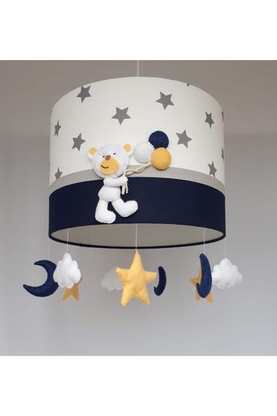 Leobabyroom Beyaz Üzeri Gri Yıldız Beyaz Ayıcık Figürlü Lacivert Tasarım Çocu...