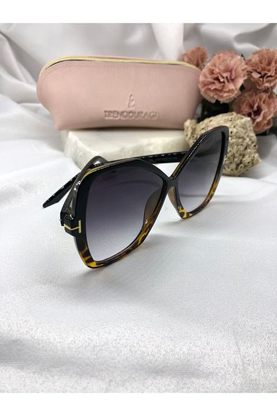 Di Caprio Pols Oval Gold Detailed Black-leopard Women's Sunglasses