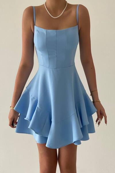 vuvutasarım Fustă cu bretele subțiri din material Atlas cu detaliu la podea rochie de seară Baby Blue rochie de absolvire Baby Blue 102