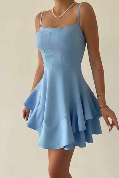 vuvutasarım Fustă cu bretele subțiri din material Atlas cu detaliu la podea rochie de seară Baby Blue rochie de absolvire Baby Blue 102