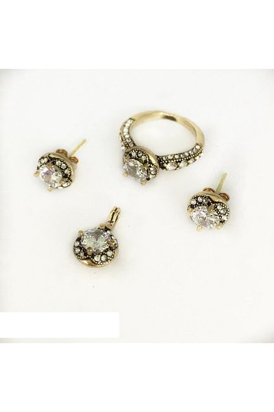 Aşina Gümüş - Diamond Mounted Princess Necklace Earring Ring Set Gift for Lover