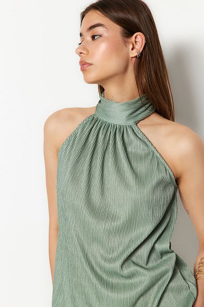 Trendyol Collection Mintfarbene, hochgeschlossene, plissierte Strickbluse mit normaler Passform TWOSS23BZ00952