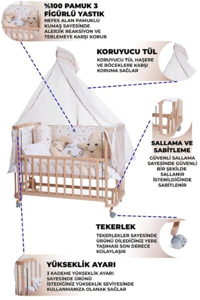 TURHAN BEBE Ahşap Beşik Anne Yanı Beşik Sallanır Beşik Organik 60x120 Yıldız Uyku Seti Yatak Tekerlekli