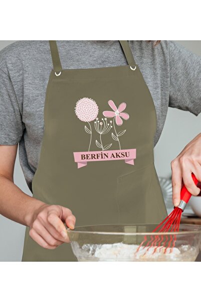 Bk Gift Kişiye Özel Isimli Anneler Günü Tasarımlı Profesyonel Haki Mutfak Önlüğü, Aşçı Önlüğü, Şef Ö
