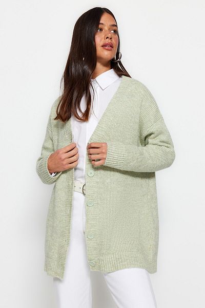 Trendyol Modest Mintfarbene Strickjacke mit V-Ausschnitt und Knopfleiste TCTAW22HI0397