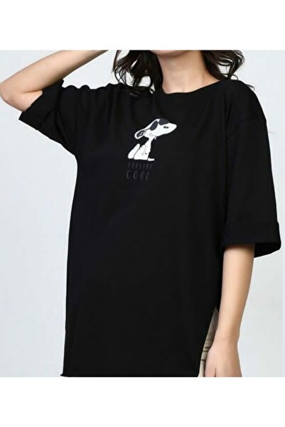 Hepsibitarz Kadın Siyah Snoopy Kalın Yumuşak T-shirt