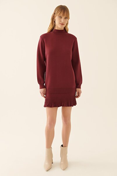 Perspective Illas Regular Fit Scoop Neck Below Knee Claret Red Knitwear Dress