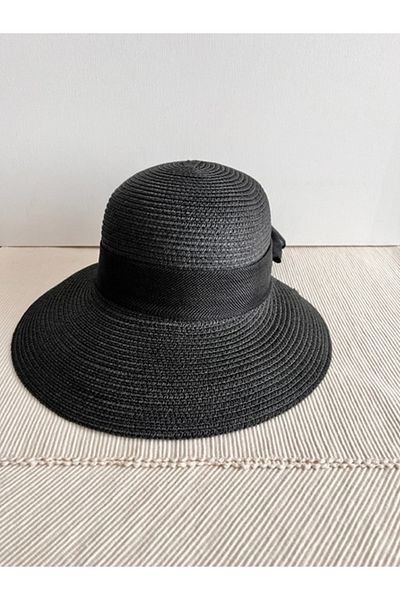 CosmoOutlet Lora Model - Black Beach Hat with Straw Bow