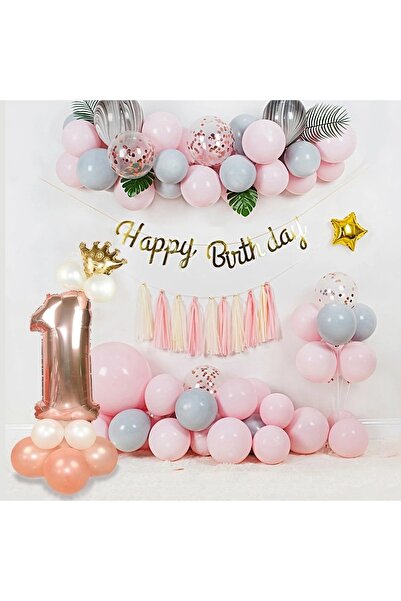DÜVENCİ TİCARET Çıtıpitistore Pink Rose Gold Color 1st Year Birthday Set