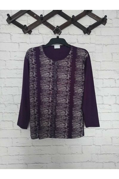 anne moda ankara Διαμήκες μοτίβο Πλήρες καλοκαιρινό λεπτό κοντό μπλουζάκι με μακρυμάνικο λαμπερό βισκόζη