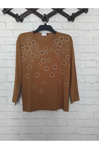 anne moda ankara Στρογγυλό μοτίβο Πλήρες καλοκαιρινό λεπτό κοντό μπλουζάκι με μακρυμάνικο ντραπέ