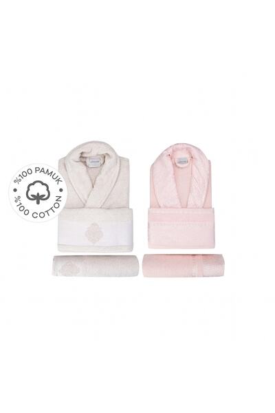 Karaca Home Vivien Flos %100 Pamuk 6 Parça Taş Pudra Aile Bornoz Seti