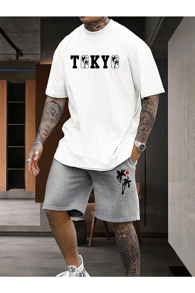 YUVEST Blackrock Unisex Tokio Printed Crew Neck White T-shirt Gray Shorts
