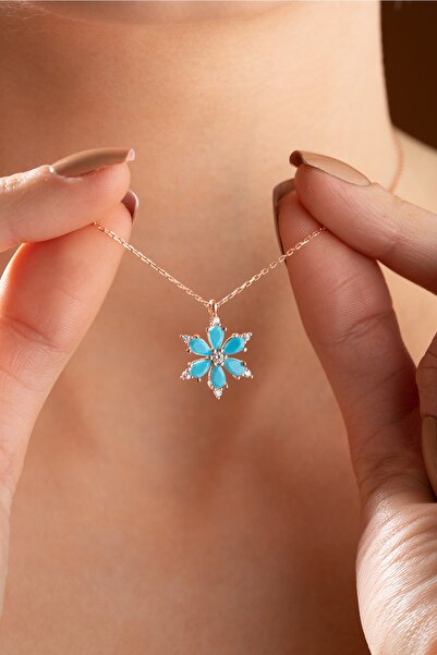 Zundesilver 925 Ayar Turkuaz Taşlı Kamelya Çiçeği Gümüş Kolye