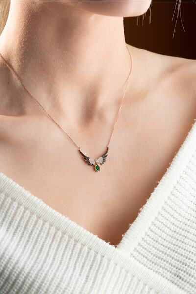 Zundesilver 925 Ayar Yeşil Damla Taşlı Melek Kanadı Gümüş Kolye