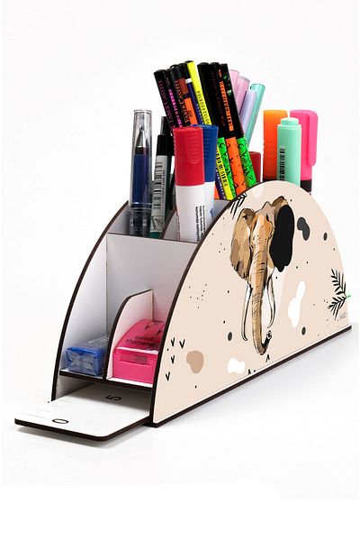 kutuTR Wooden Vip Animals2 Model Rainbow Ruled Desktop Pen Holder Organizer with Assembled Box