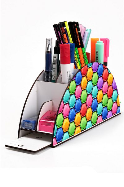 kutuTR Wooden Vip Popitler Model Rainbow Ruled Desktop Pen Holder Organizer Assembled Boxed