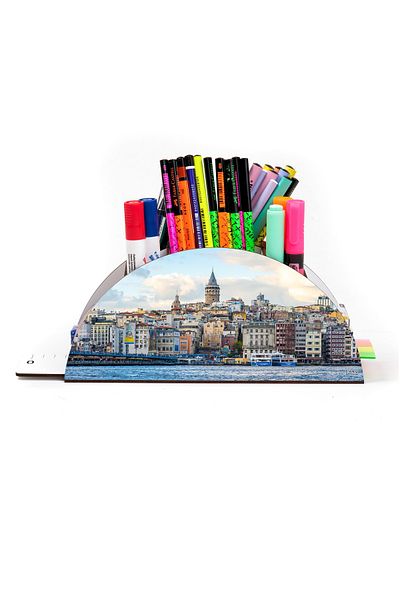 kutuTR Wooden Vip Istanbul Model Rainbow Ruled Desktop Pen Holder Organizer with Assembled Box